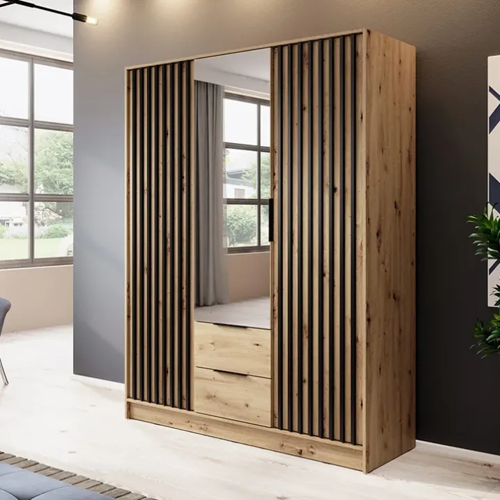 Armadio 155x200h cm 3 ante con specchio moderno quercia nero Miller