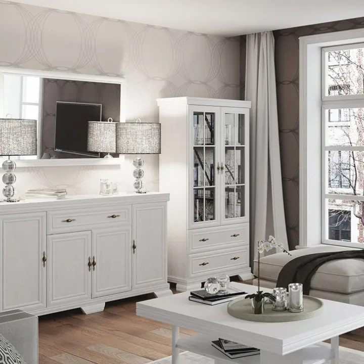 Armadio 208x211h cm 4 ante con specchio 2 cassetti shabby bianco frassinato Kelly