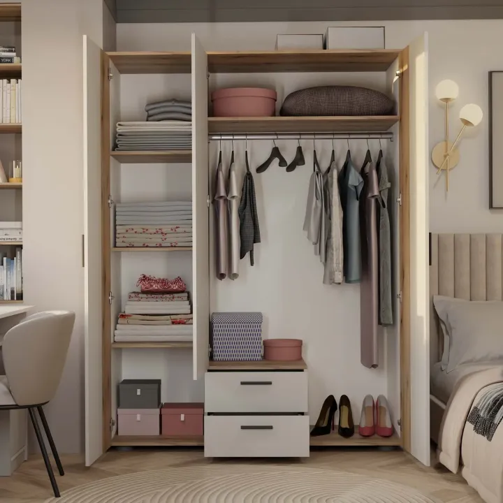 Armadio 150x200h cm 3 ante con specchio e 2 cassetti beige cashmere rovere Parker