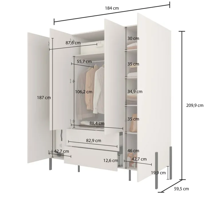 Armadio 184x210h cm 4 ante e 2 cassetti beige cashmere Simple