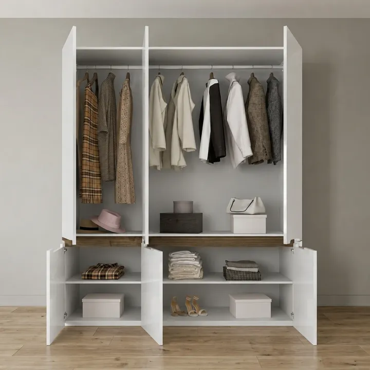 Armadio 180x206h cm 6 ante moderno bianco lucido noce Biancastagno