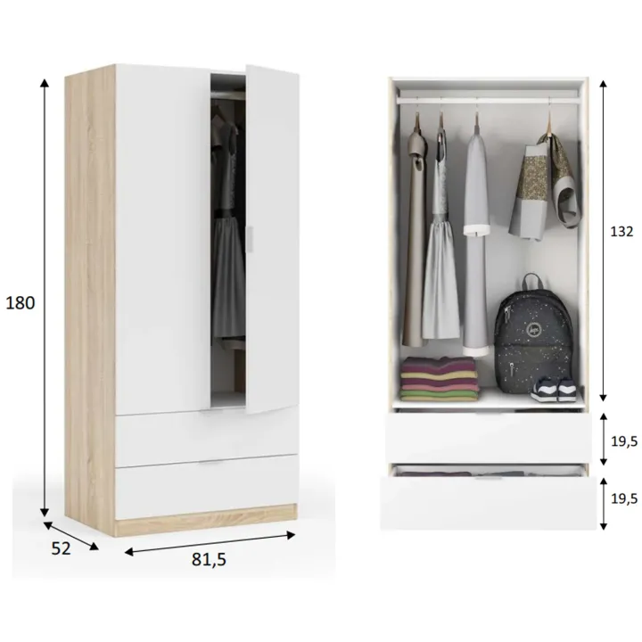 Armadio 82x180h cm 2 ante rovere bianco opaco 2 cassetti Abbey