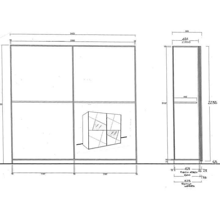 Armadio 243x230h cm 2 ante scorrevoli bianco frassinato opaco con serigrafia e specchio Olimpo