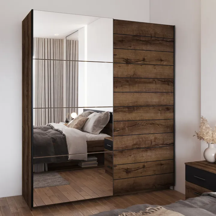 Armadio 180x210h cm 2 ante scorrevoli con specchio moderno rovere scuro Lisbona Gihome®
