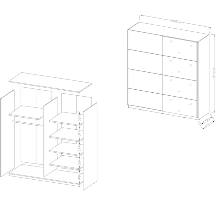 Armadio 180x210h cm 2 ante scorrevoli con specchio nero Pascal Gihome®