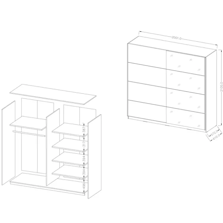 Armadio 200x210h cm 2 ante scorrevoli con specchio bianco opaco Pascal Gihome®