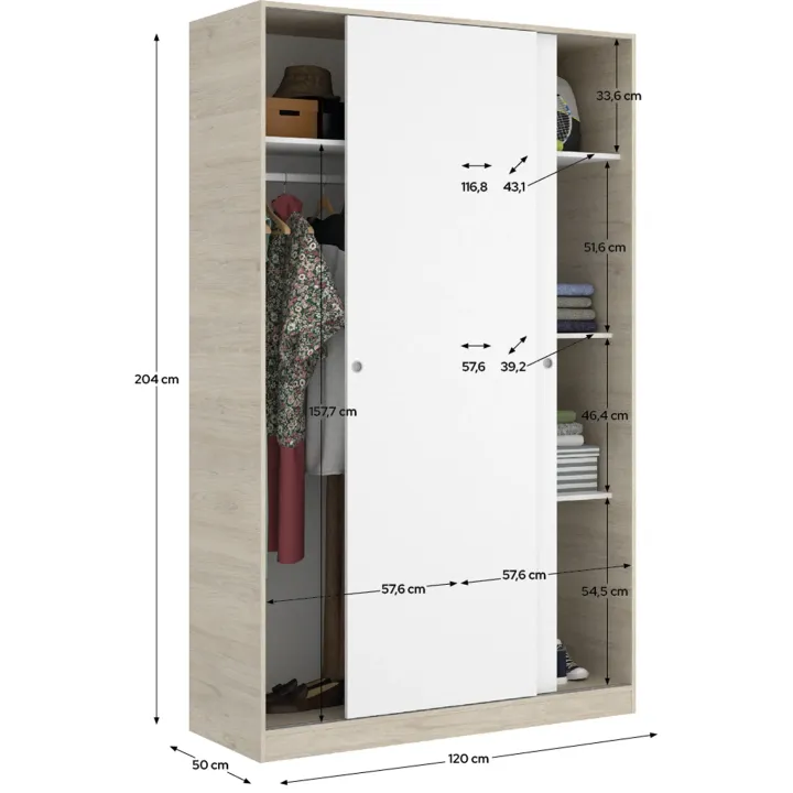 Armadio 120x204h cm 2 ante scorrevoli rovere bianco opaco Royal