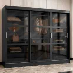 Armadio 250x203h cm 3 ante scorrevoli vetrate 4 cassetti nero opaco Nivora