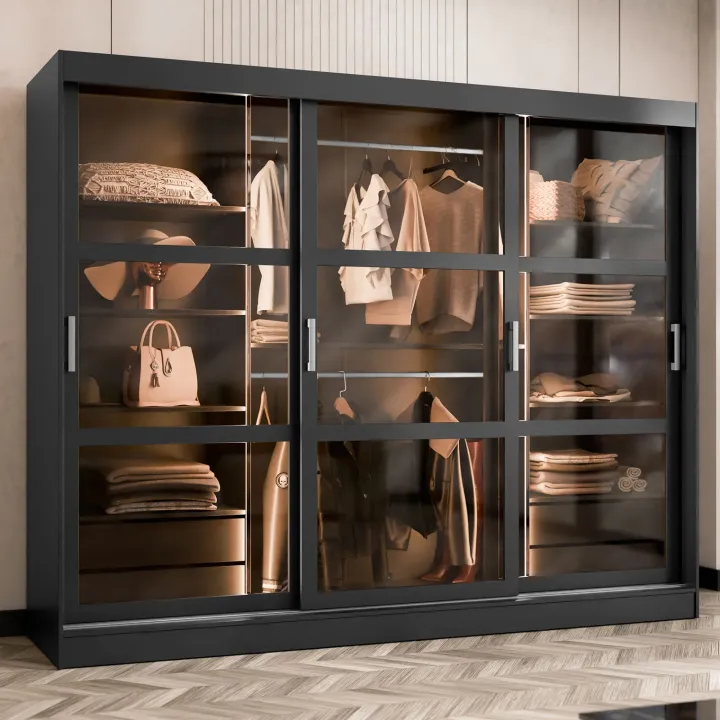 Armadio 250x203h cm 3 ante scorrevoli vetrate 4 cassetti con illuminazione a LED nero opaco Nivora