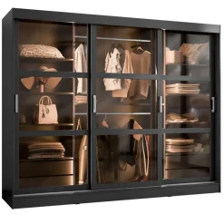 Armadio 250x203h cm 3 ante scorrevoli vetrate 4 cassetti con illuminazione a LED nero opaco Nivora