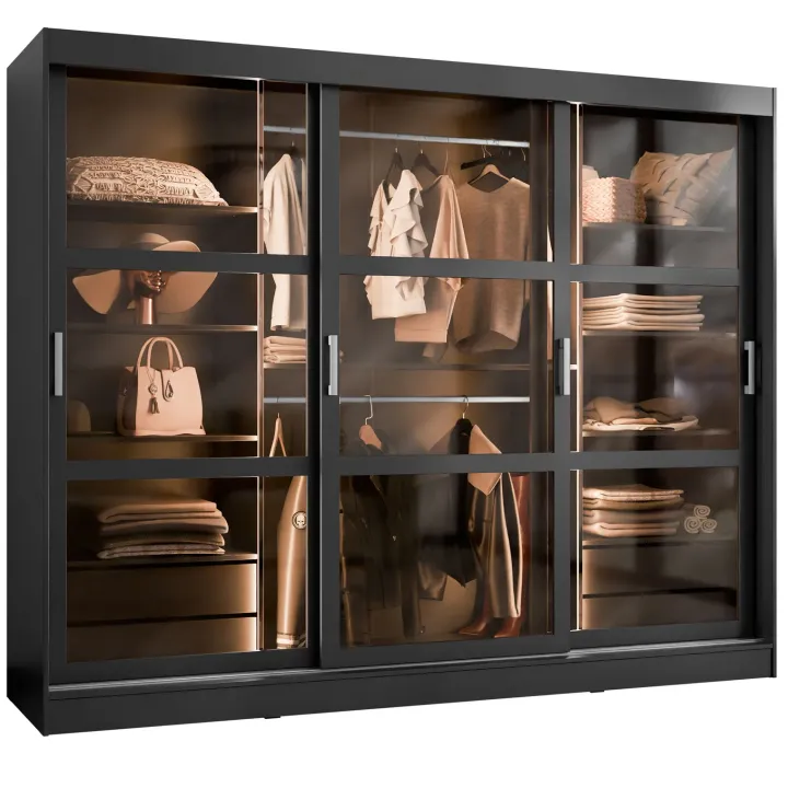 Armadio 250x203h cm 3 ante scorrevoli vetrate 4 cassetti con illuminazione a LED nero opaco Nivora