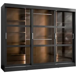 Armadio 250x203h cm 3 ante scorrevoli vetrate 4 cassetti con illuminazione a LED nero opaco Nivora