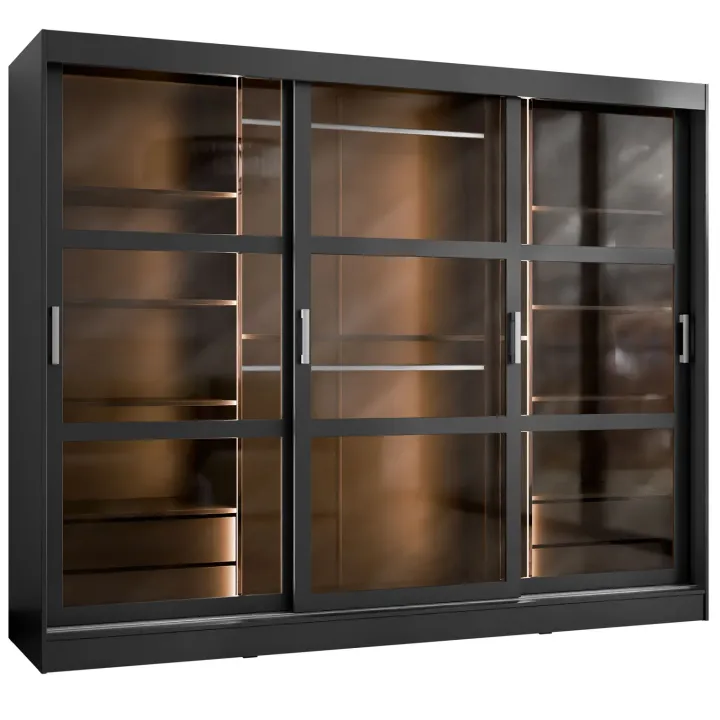 Armadio 250x203h cm 3 ante scorrevoli vetrate 4 cassetti con illuminazione a LED nero opaco Nivora