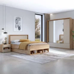 Armadio 209x219h cm 2 ante scorrevoli 2 cassetti con specchio rovere tortora Lise