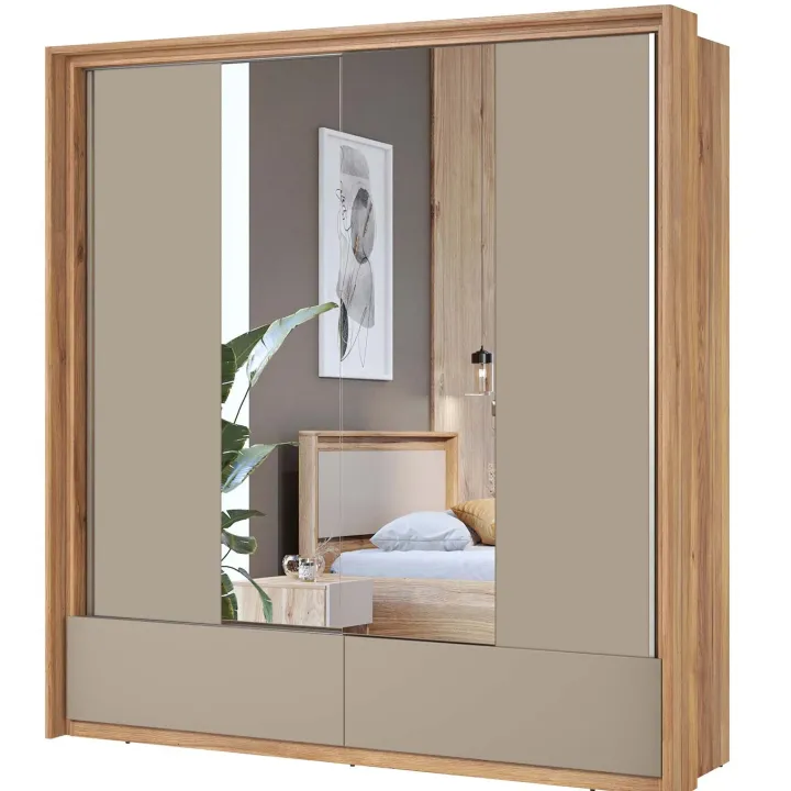 Armadio 209x219h cm 2 ante scorrevoli 2 cassetti con specchio rovere tortora Lise