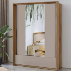 Armadio 159x219h cm 2 ante scorrevoli 2 cassetti con specchio rovere tortora Lise