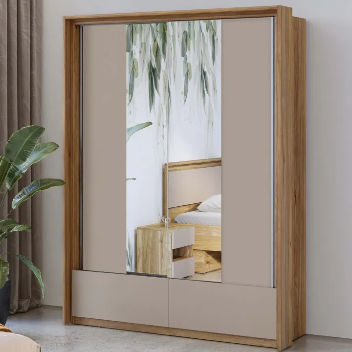 Armadio 159x219h cm 2 ante scorrevoli 2 cassetti con specchio rovere tortora Lise