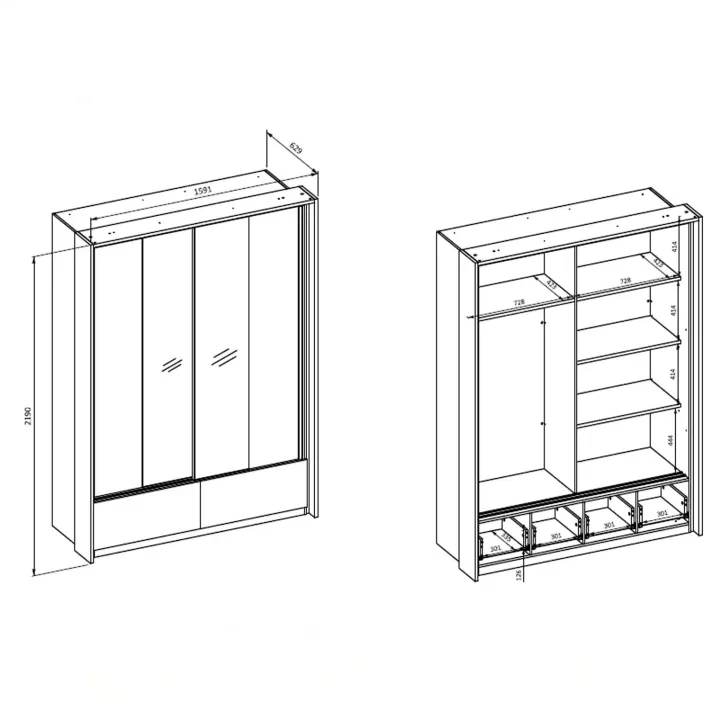 Armadio 159x219h cm 2 ante scorrevoli 2 cassetti con specchio rovere tortora Lise