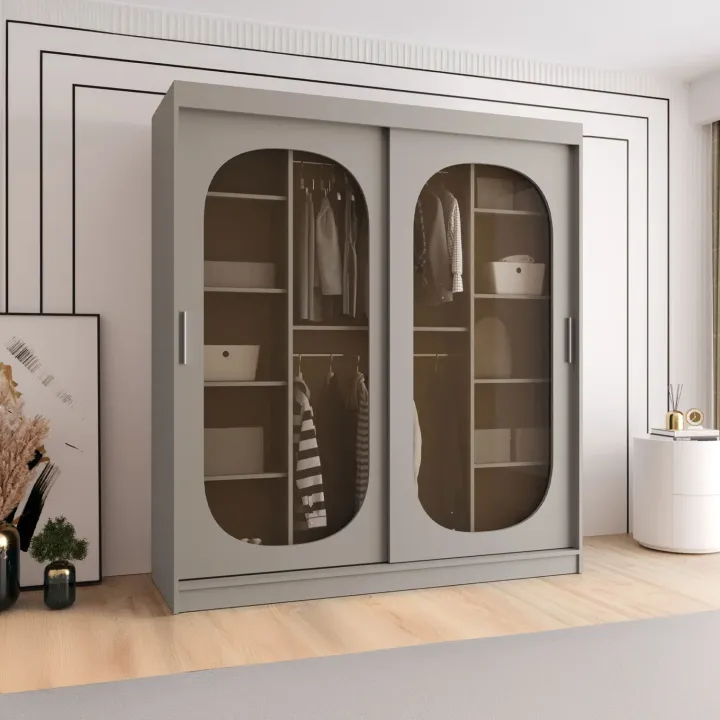 Armadio 180x200h cm 2 ante scorrevoli vetrate beige cashmere Elmor