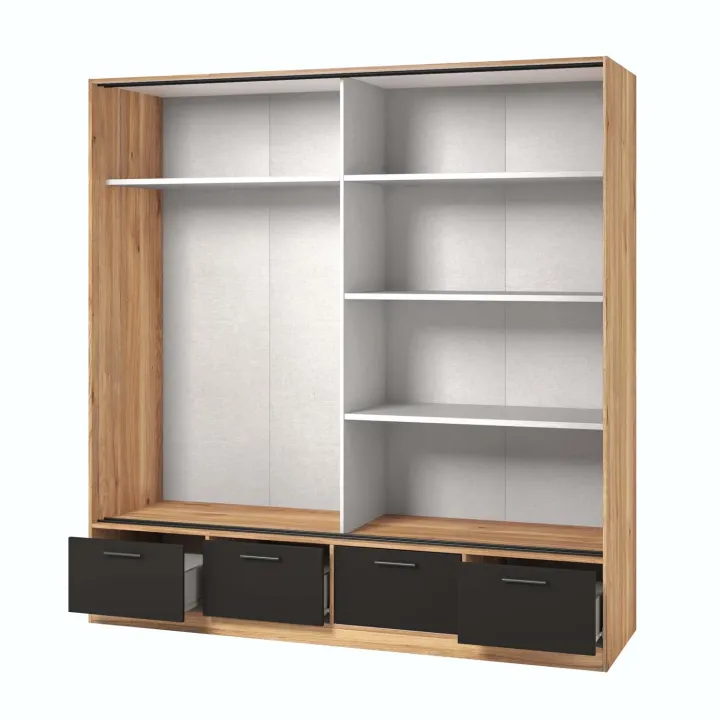 Armadio 200x209h cm 2 ante scorrevoli con specchio 4 cassetti rovere nero Yve