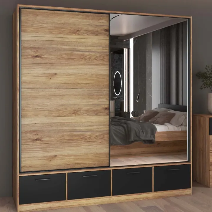 Armadio 200x209h cm 2 ante scorrevoli con specchio 4 cassetti rovere nero Yve