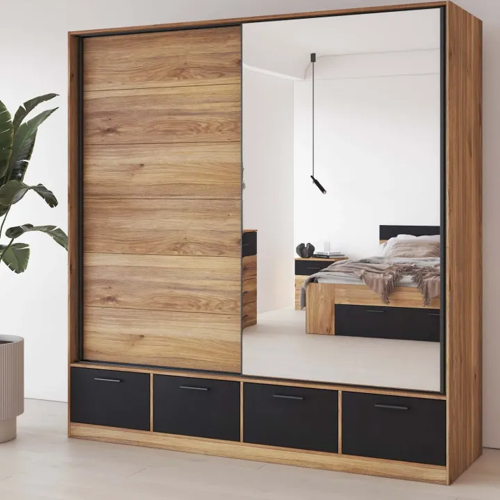 Armadio 200x209h cm 2 ante scorrevoli con specchio 4 cassetti rovere nero Yve