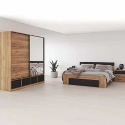 Armadio 200x209h cm 2 ante scorrevoli con specchio 4 cassetti rovere nero Yve