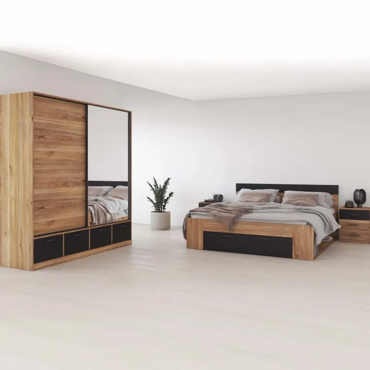 Armadio 200x209h cm 2 ante scorrevoli con specchio 4 cassetti rovere nero Yve