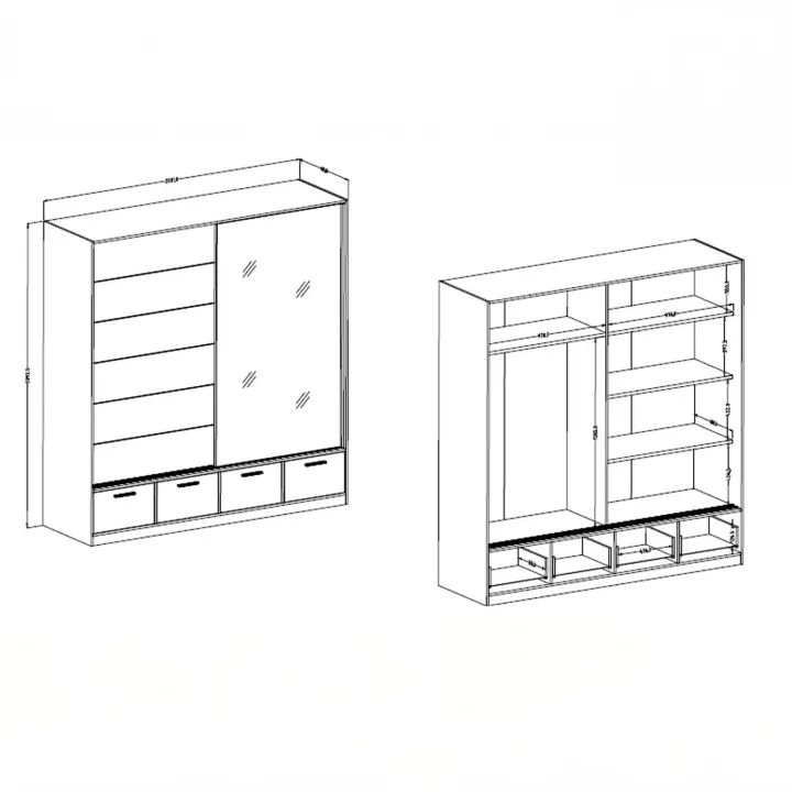 Armadio 200x209h cm 2 ante scorrevoli con specchio 4 cassetti rovere nero Yve