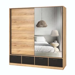 Armadio 200x209h cm 2 ante scorrevoli con specchio 4 cassetti rovere nero Yve