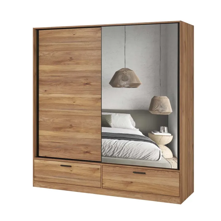 Armadio 180x209h cm 2 ante scorrevoli con specchio 2 cassetti rovere Yve