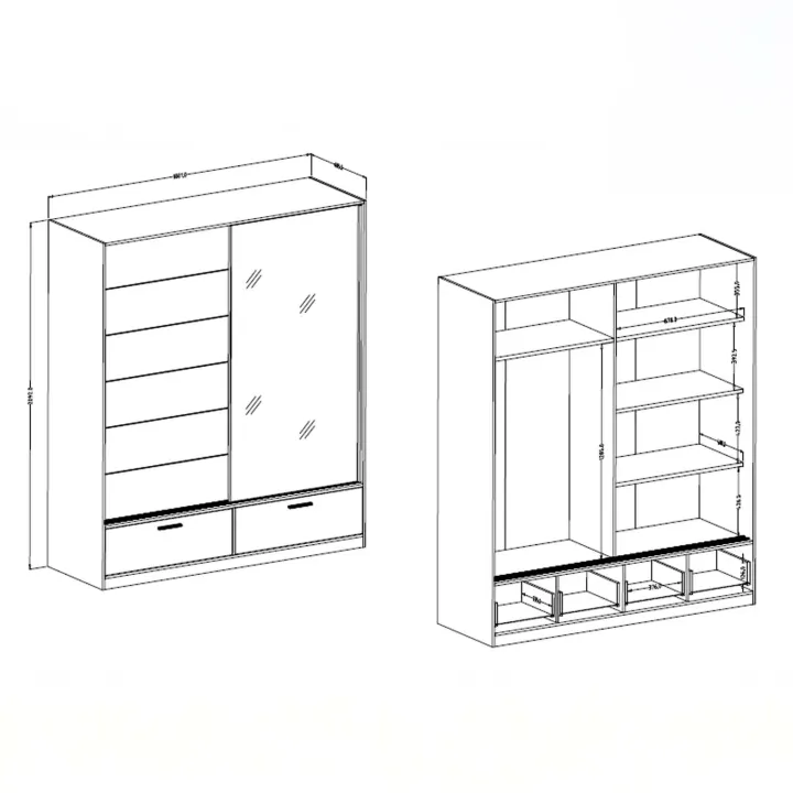 Armadio 180x209h cm 2 ante scorrevoli con specchio 2 cassetti rovere Yve