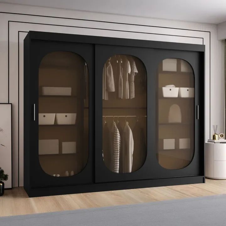 Armadio 250x200h cm 3 ante scorrevoli vetrate nero opaco Elmor