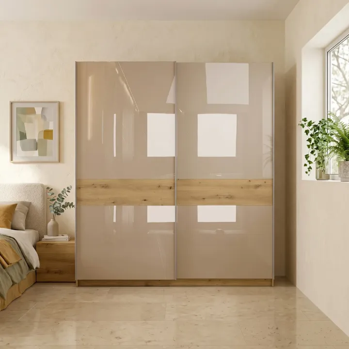 Armadio 200x215h cm 2 ante scorrevoli beige cashmere lucido rovere Elara