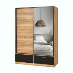 Armadio 150x209h cm 2 ante scorrevoli con specchio 2 cassetti rovere nero Yve