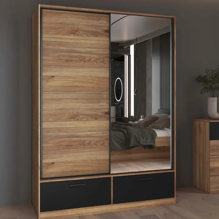 Armadio 150x209h cm 2 ante scorrevoli con specchio 2 cassetti rovere nero Yve