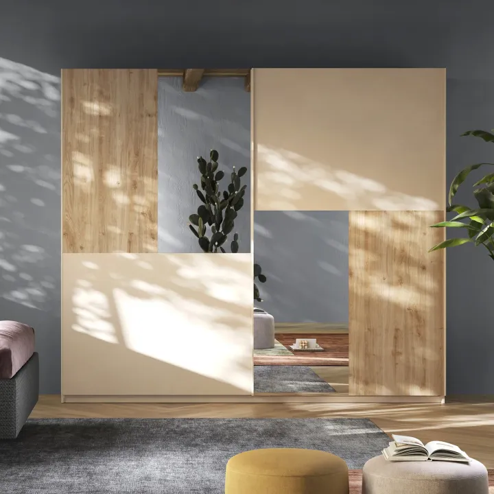 Armadio 275x240h cm 2 ante scorrevoli con specchio beige cashmere rovere chiaro Varry