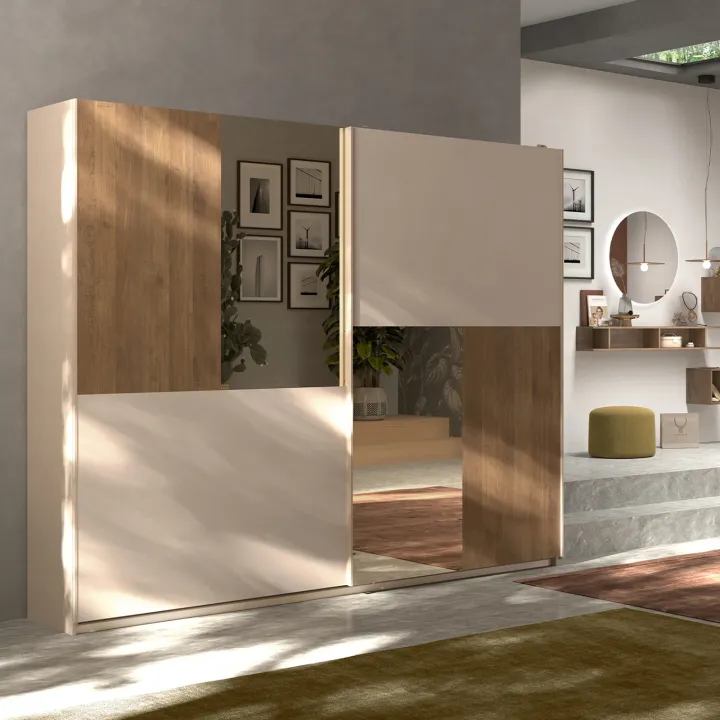 Armadio 275x240h cm 2 ante scorrevoli con specchio beige cashmere rovere scuro Varry