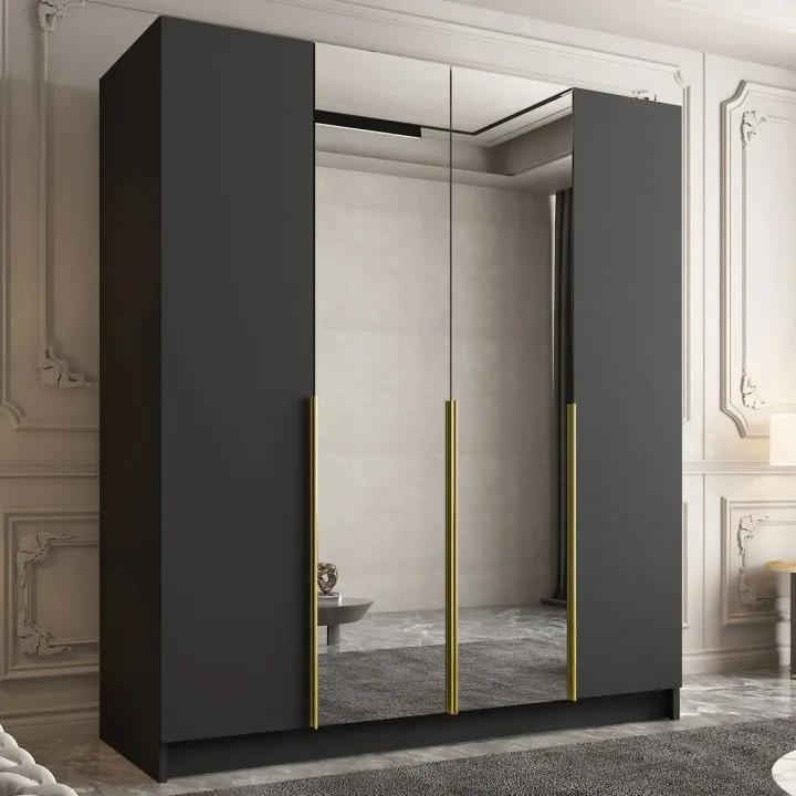 Armadio 200x215h cm 4 ante 2 specchi moderno nero oro Glammy 4