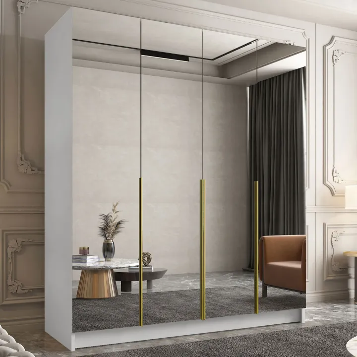 Armadio 200x215h cm 4 ante 4 specchi moderno bianco oro Glammy 4