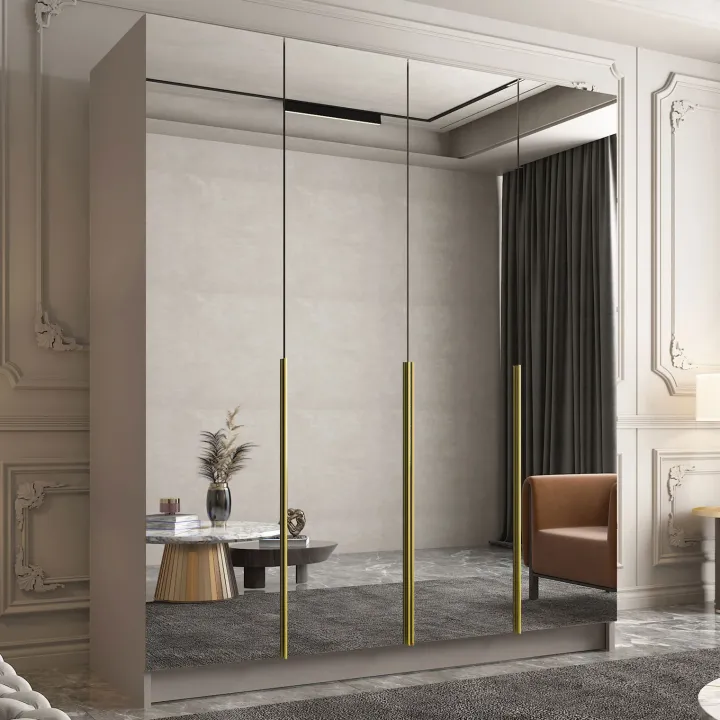 Armadio 200x215h cm 4 ante 4 specchi moderno beige oro Glammy 4