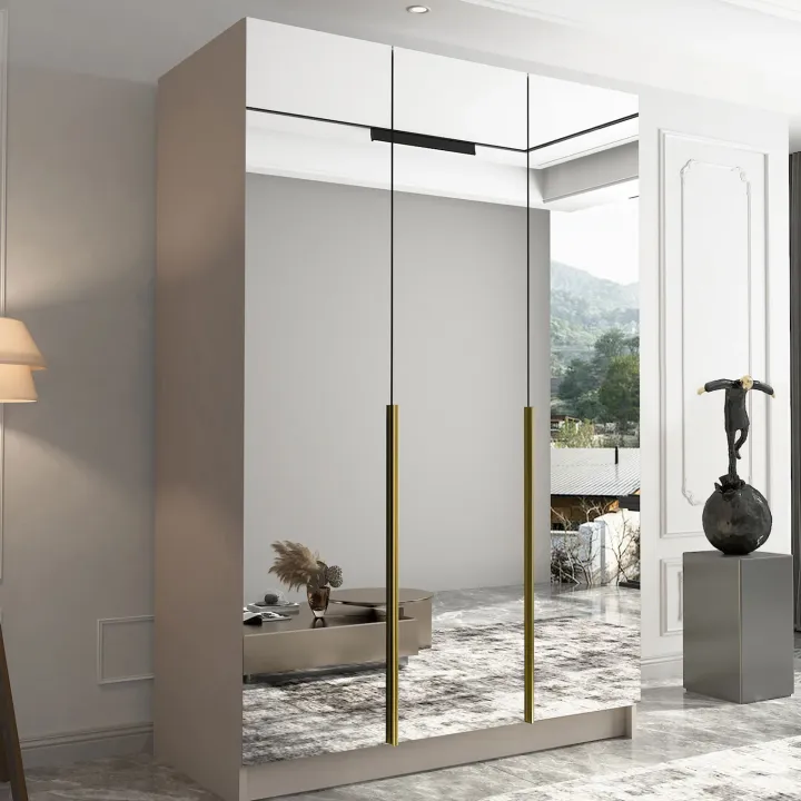 Armadio 150x215h cm 3 ante 3 specchi moderno beige oro Glammy 3