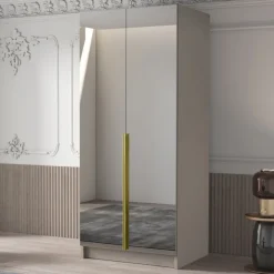 Armadio 100x215h cm 2 ante 2 specchi moderno beige oro Glammy 2