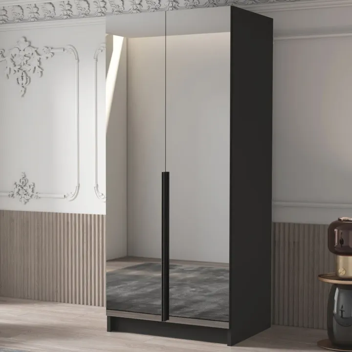 Armadio 100x215h cm 2 ante 2 specchi moderno nero Glammy 2