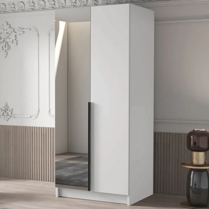 Armadio 100x215h cm 2 ante 1 specchio moderno bianco nero Glammy 2