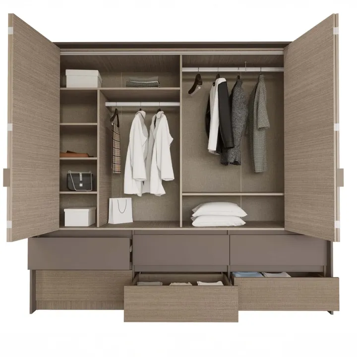 Armadio 240x220h cm 6 cassetti 2 ante a libro rovere scuro marrone Rebecca