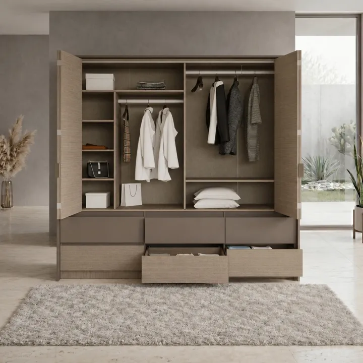 Armadio 240x220h cm 6 cassetti 2 ante a libro rovere scuro marrone Rebecca