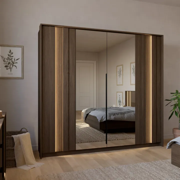 Armadio 223x210h cm con led e specchio 4 ante camera da letto noce Bois