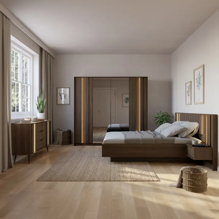 Armadio 223x210h cm con led e specchio 4 ante camera da letto noce Bois
