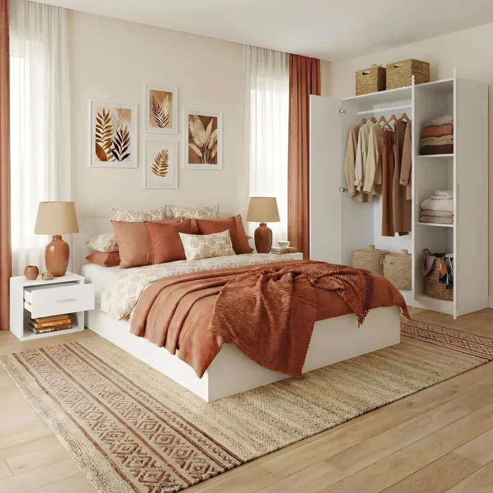 Camera da letto completa matrimoniale bianco con armadio e comodino Verona